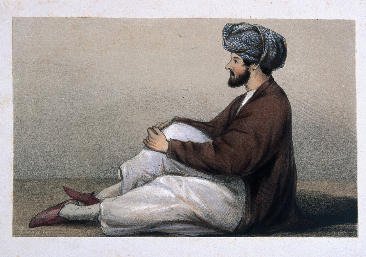 Major Chas Griffiths, 37. domorodá pěchota, sedící v afghánských šatech, 1842 od Lieutenant Vincent Eyre