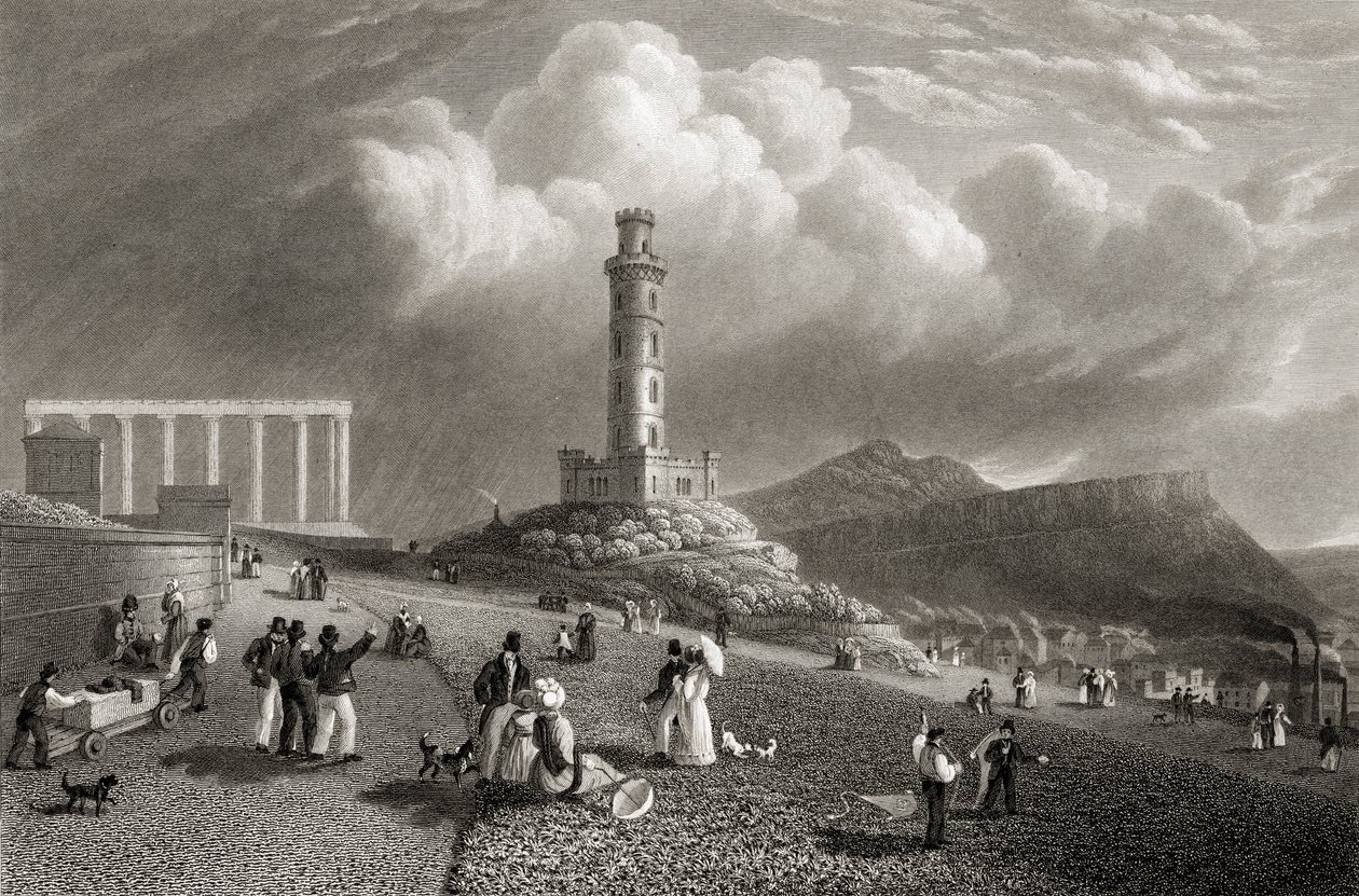 Nelsonův pomník, Calton Hill, Edinburgh, z „Select Views of the Principal Cities of Europe“, vyrytý Kernotem, vydaný v Londýně, 1832 od Lieutenant Colonel Batty
