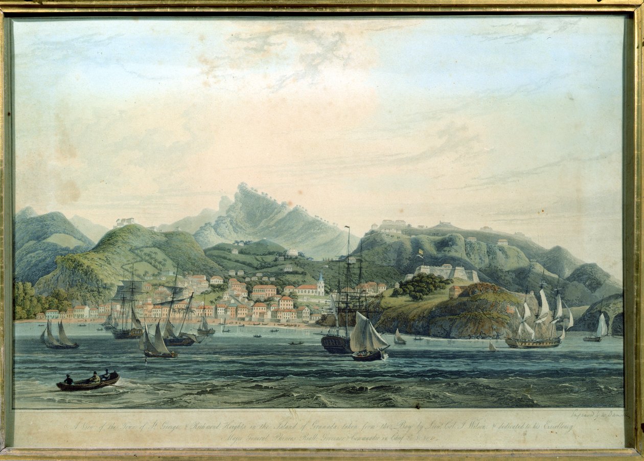 Pohled na město St. George a Richmond Heights na ostrově Grenada, vyryl William Daniell 1769-1837, rytina kolem roku 1810 od Lieutenant Colonel J. Wilson