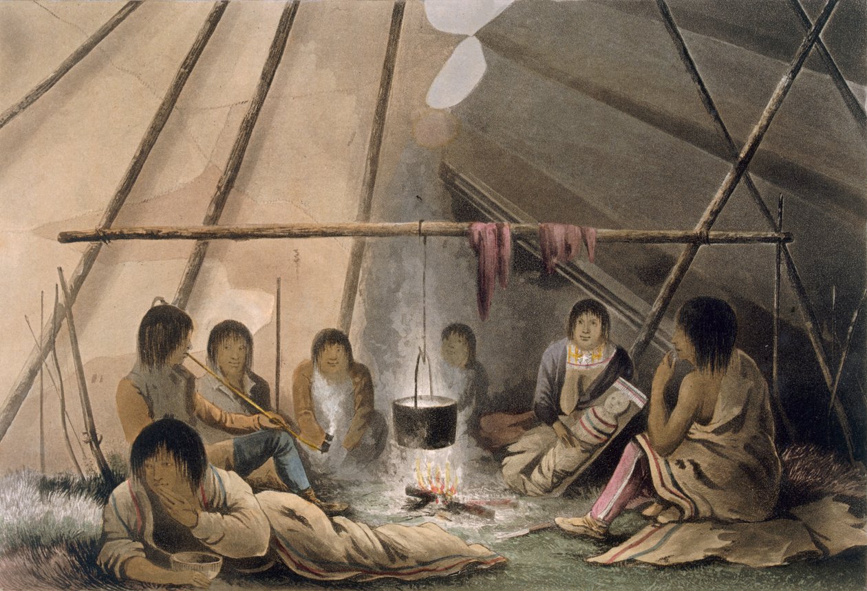 Interiér indiánského stanu Cree, 1824 od Lieutenant Hood