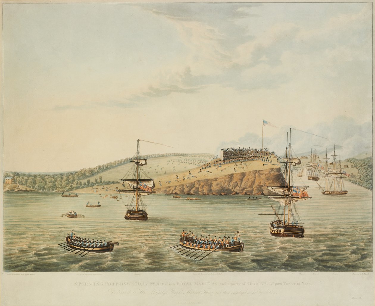 Útok na Fort Oswego, jezero Ontario, Severní Amerika. 6. května 1814, poledne a útočící pevnost Oswego druhým praporem Royal Marines a skupinou námořníků, 15 m za dvanáctou v poledne, vyryto R. Havellem, 1815 od Lieutenant J. Hewitt