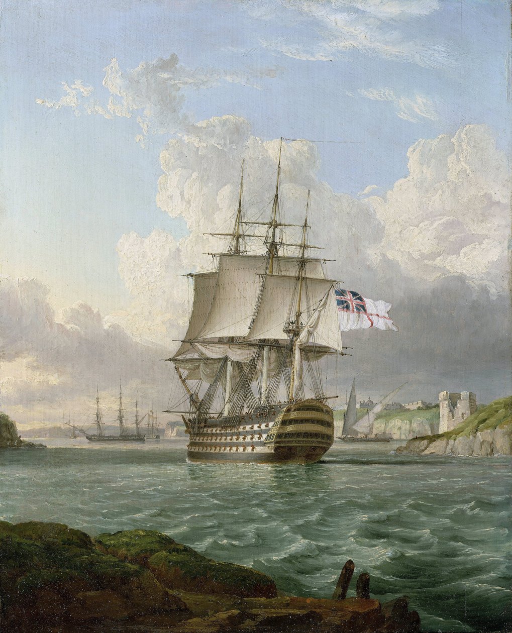 HMS "Britannia", loď se 120 děly, postavená v roce 1820, opouští přístav ve Středozemním moři, pravděpodobně Maltu. od Lieutenant Robert Strickland Thomas