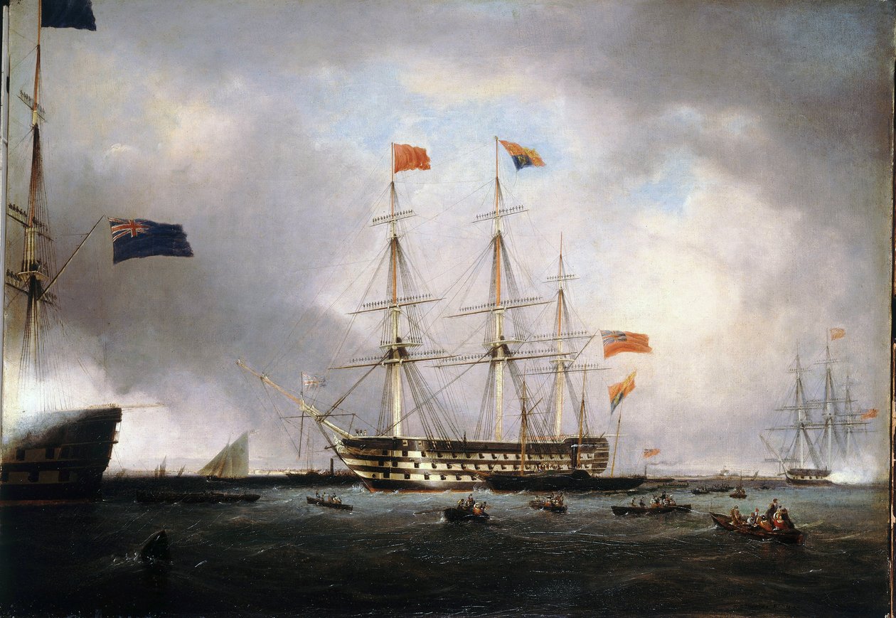 Návštěva královny Spojeného království Viktorie I. (1819-1901) na lodi HMS "Queen" v Portsmouthu (Anglie), 1. března. od Lieutenant Robert Strickland Thomas