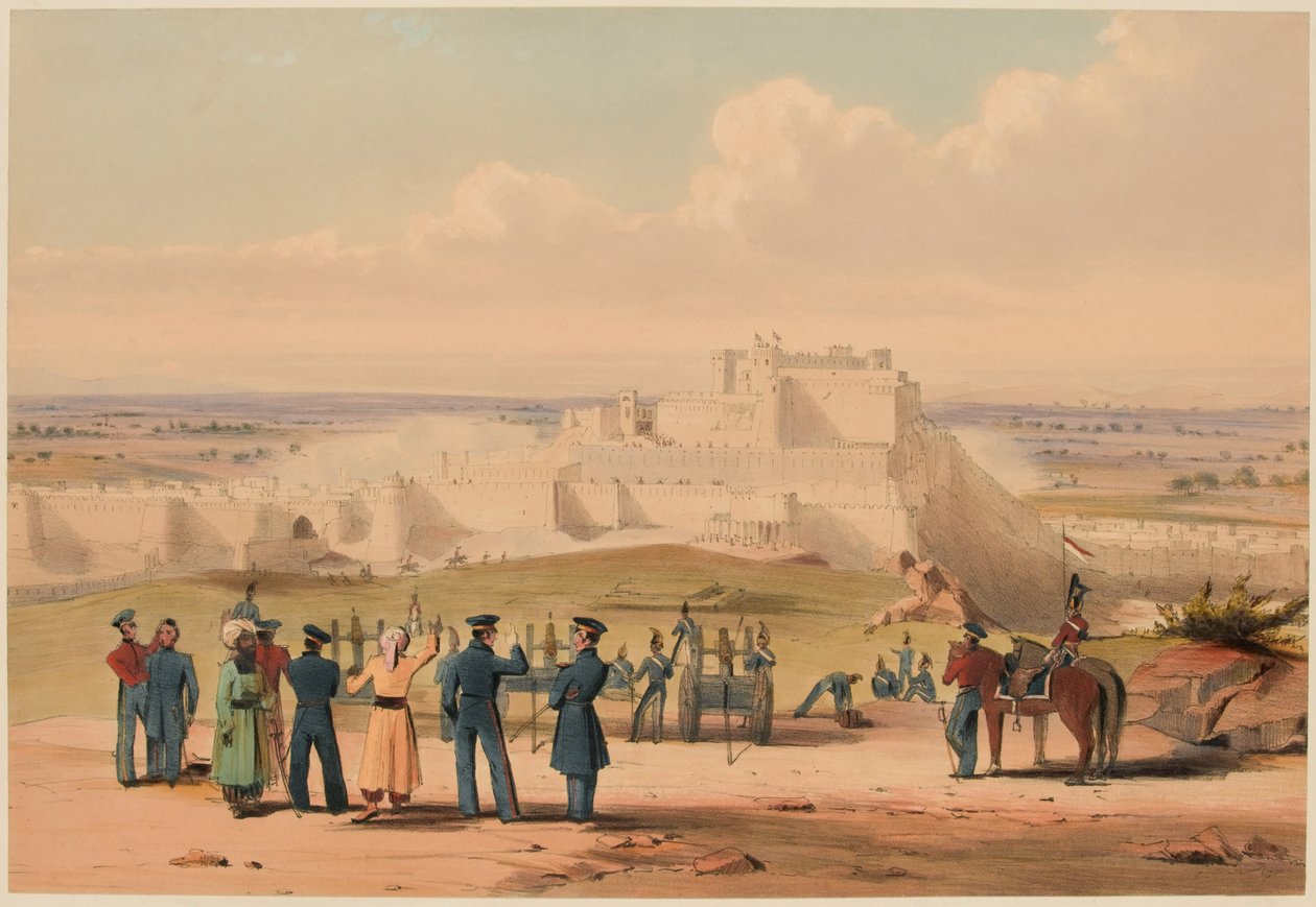 „The Storming of Ghuznee [sic]. Vrchní velitel a štáb“, 23. července 1839 (barevně lito) od Lieutenant Thomas (after) Wingate