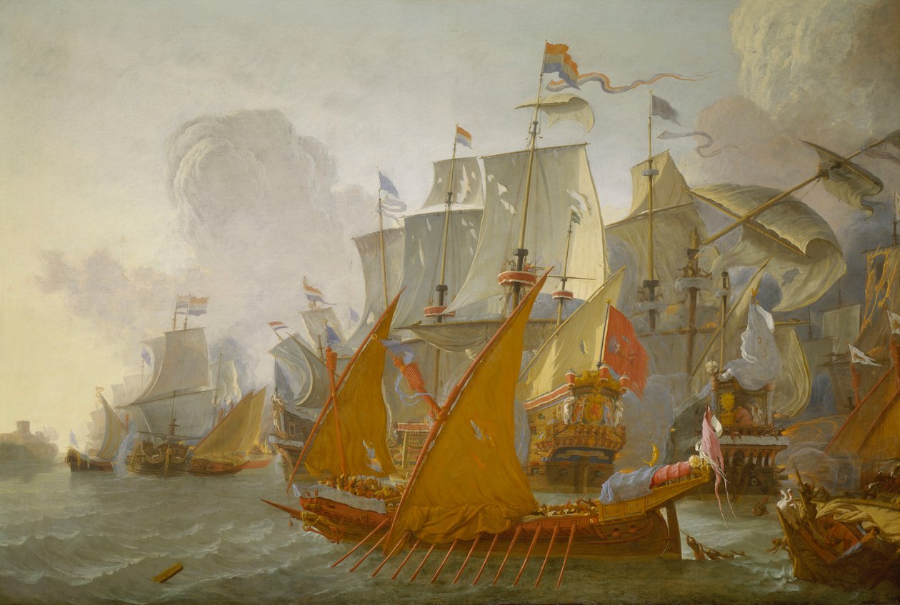 Boj mezi nizozemskou flotilou a barbarskými piráty, cca 1670 (olejomalba) od Lieve Verschuier