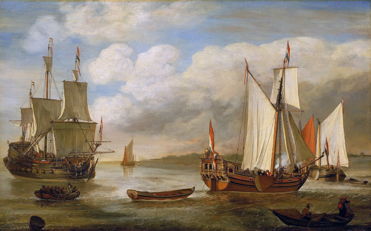 Různé holandské lodě: plachetnice, lodě a bárky. Olej na plátně, Lieve Pietersz Verschuier (1630-1686). od Lieve Verschuier