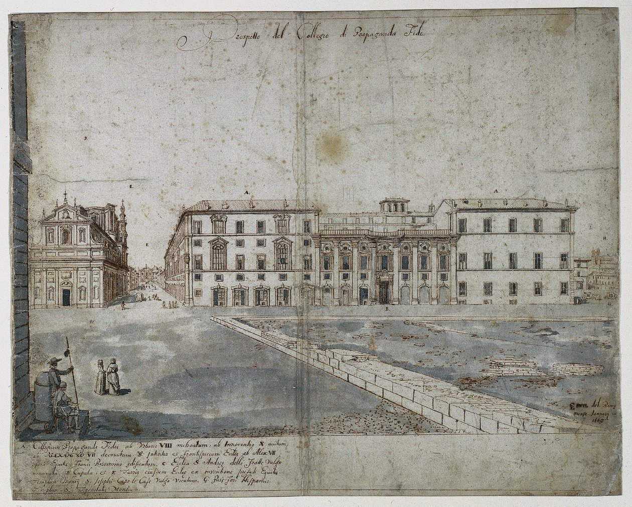 Osmnáct pohledů na Řím: Collegio di Propaganda Fide recto, 1665. od Lievin Cruyl