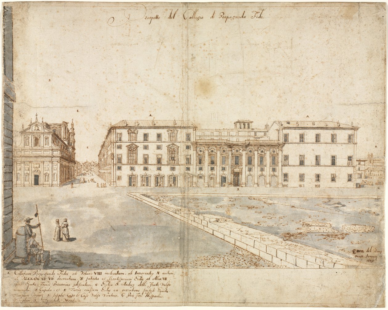 Osmnáct pohledů na Řím: Collegio di Propaganda Fide recto, 1665. od Lievin Cruyl