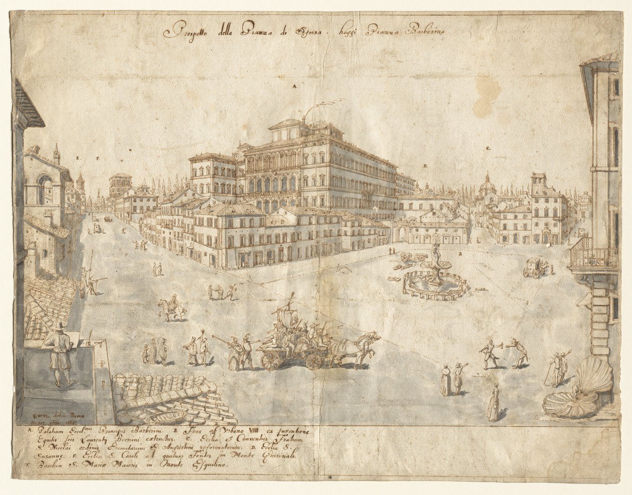 Osmnáct pohledů na Řím: Piazza Barberini (recto) od Lievin Cruyl