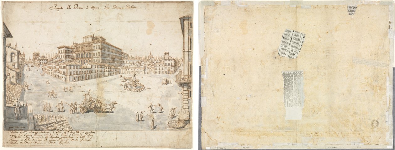 Osmnáct pohledů na Řím: Piazza Barberini (recto); Trasování fontány z obdélníku a náčrtů dvou tváří (verze) od Lievin Cruyl
