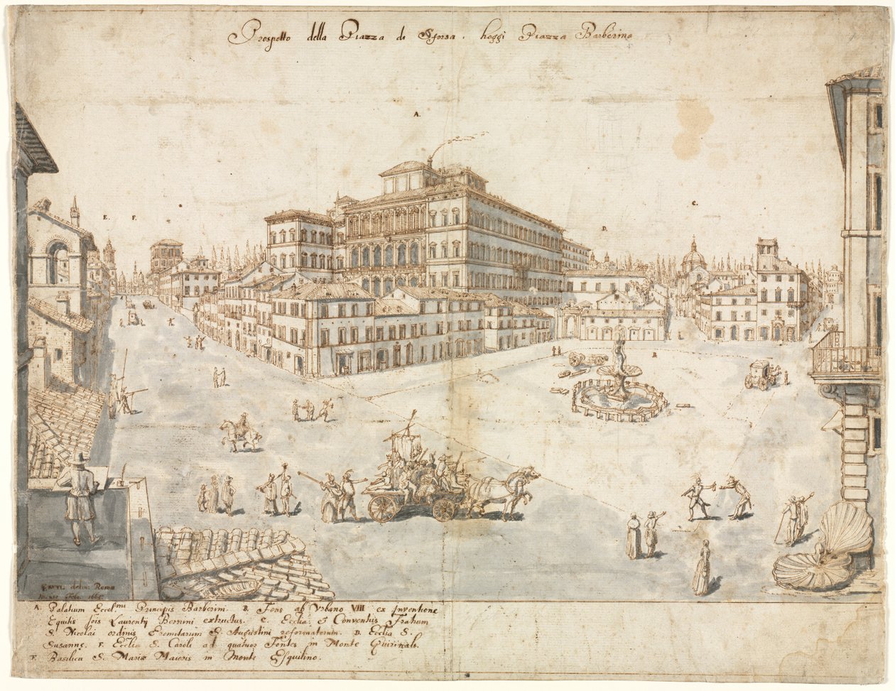 Osmnáct pohledů na Řím: Náměstí Piazza Barberini recto..., 1665. od Lievin Cruyl