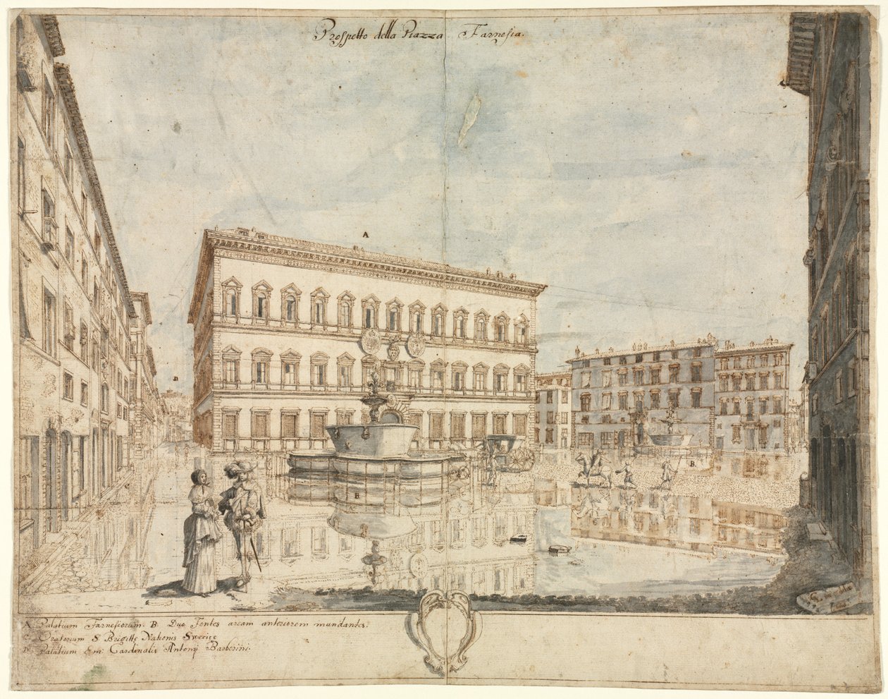 Osmnáct pohledů na Řím: Piazza Farnese (recto) od Lievin Cruyl