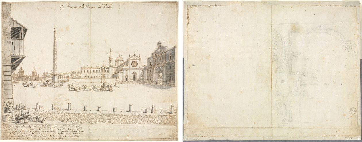 Osmnáct pohledů na Řím: Piazza del Popolo (recto); Skica pro San Giovanni in Laterano (verso) od Lievin Cruyl