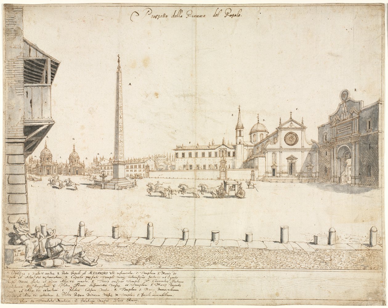 Osmnáct pohledů na Řím: Piazza del Popolo recto, 1664. od Lievin Cruyl