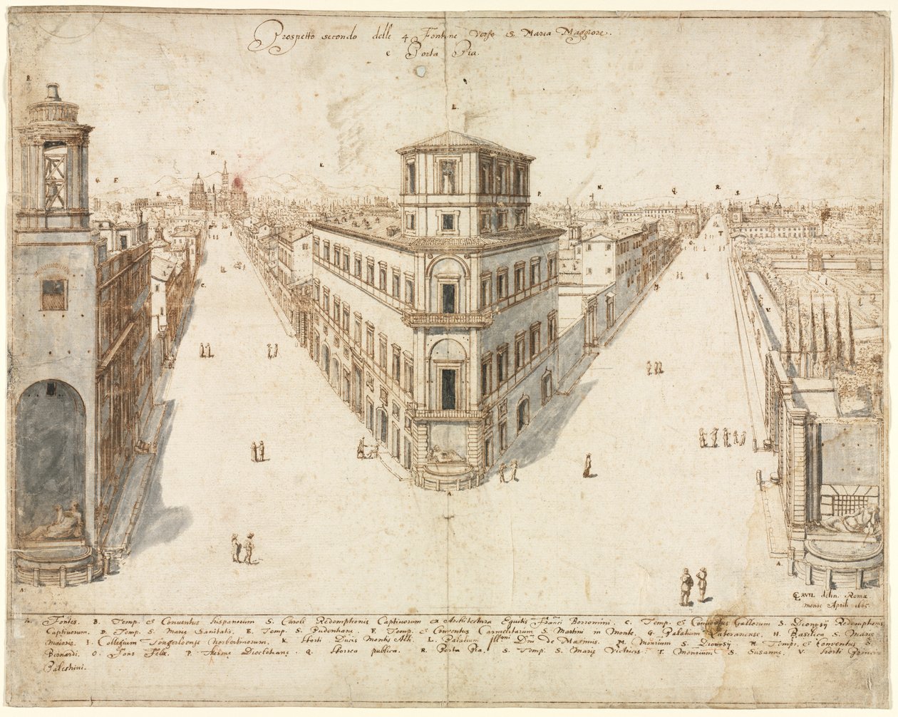 Osmnáct pohledů na Řím: Quattro Fontane s výhledem na Santa Maria Maggiore, 1665. od Lievin Cruyl