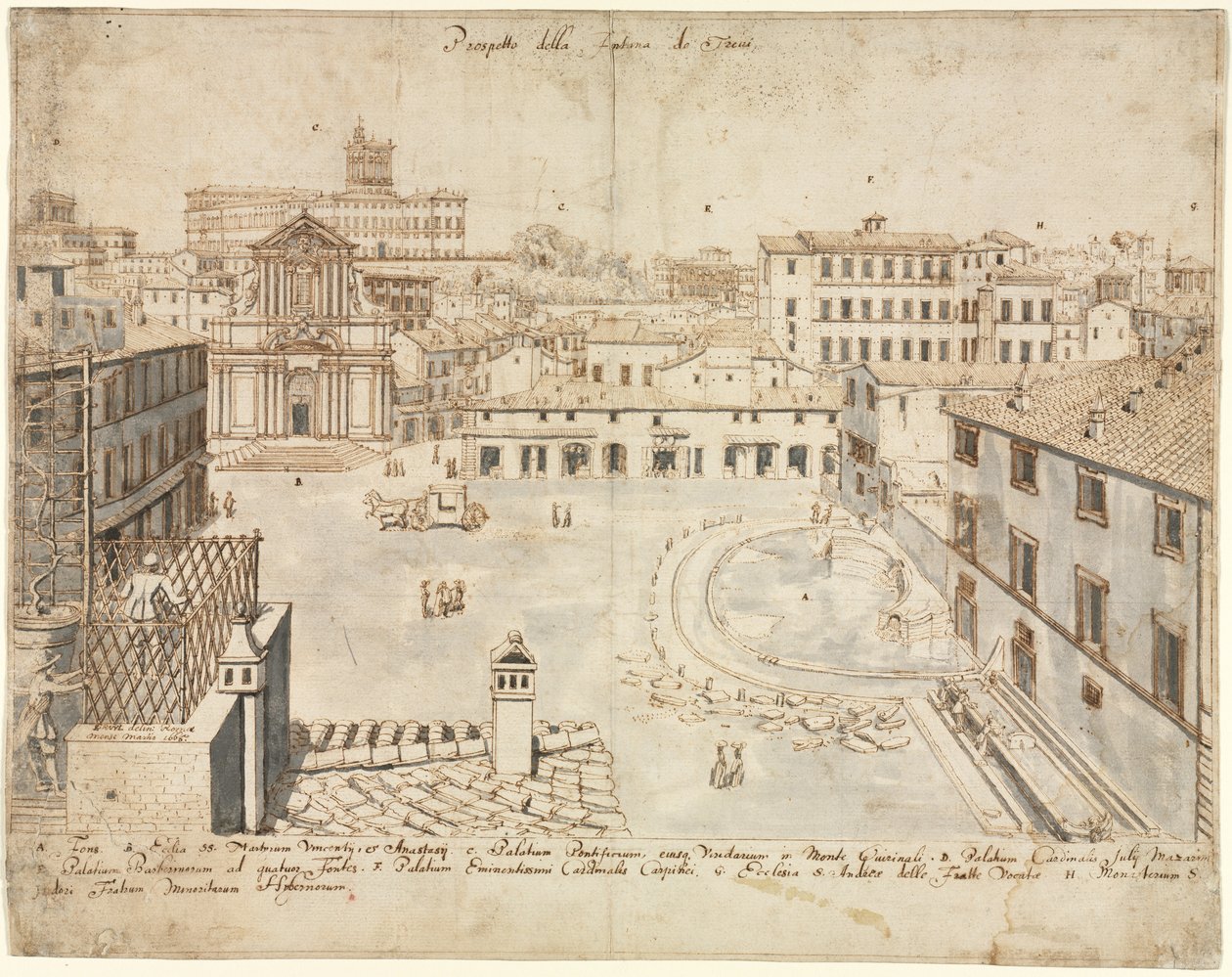 Osmnáct pohledů na Řím: Fontána di Trevi, 1665. od Lievin Cruyl
