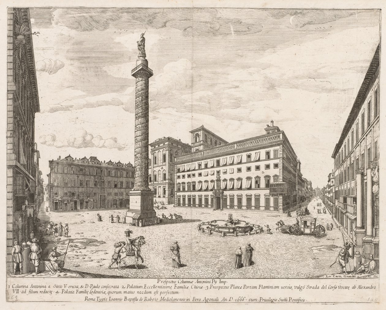 Piazza Colonna z "Výhledu na dominanty města Říma" od Lievin Cruyl