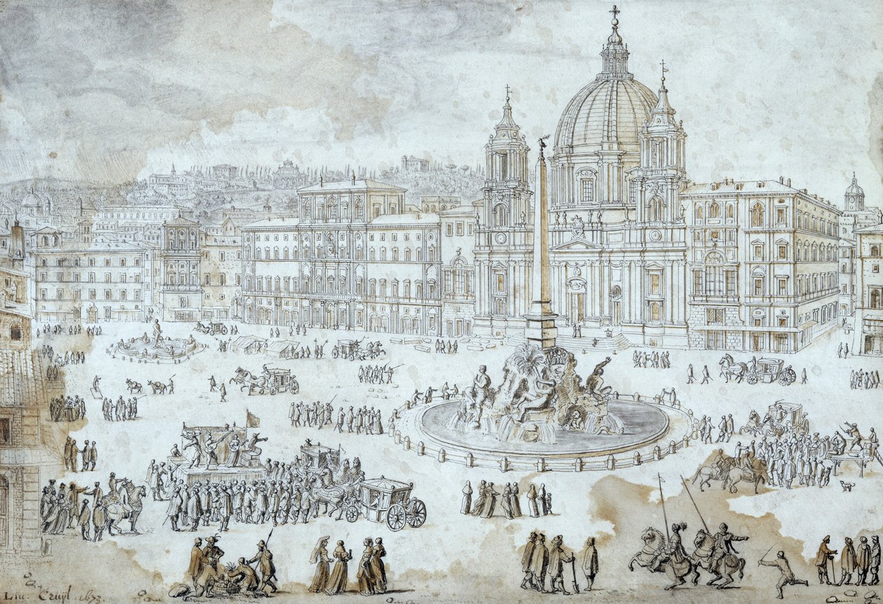 Piazza Navona v Římě, Lievin Cruyl (1640-1720), Itálie od Lievin Cruyl