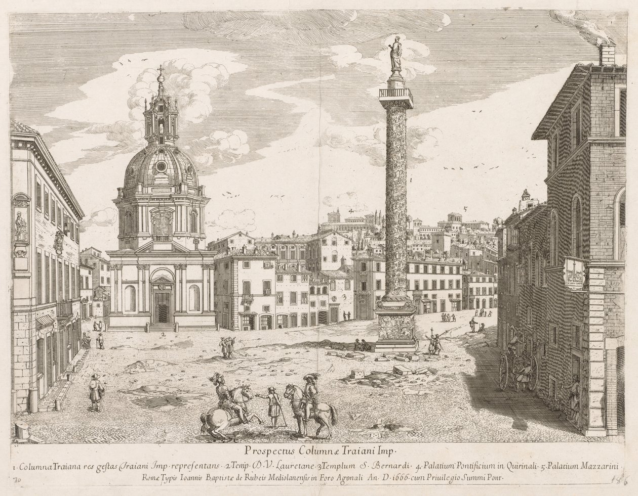 Trajánův sloup z Prospectus Lourum Urbis Romae Insignium, 1666 od Lievin Cruyl