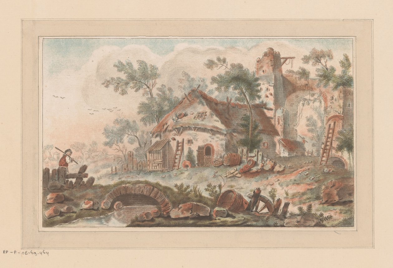 Dům před zchátralou městskou bránou, s mužem na mostě v popředí od Liger (attributed to)