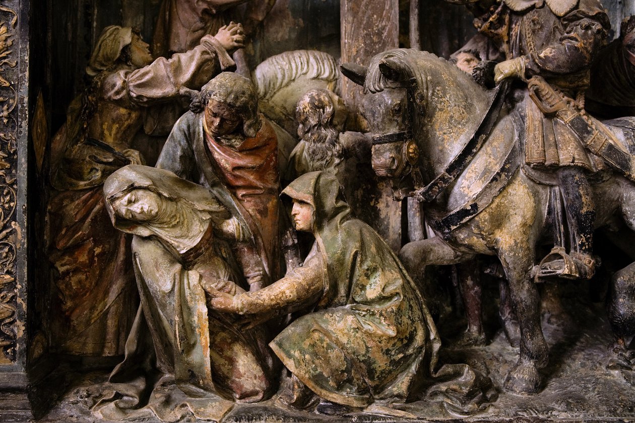 Oltářní díl, střední panel, detail, mdloba Panny Marie (malovaný kámen) od Ligier Richier