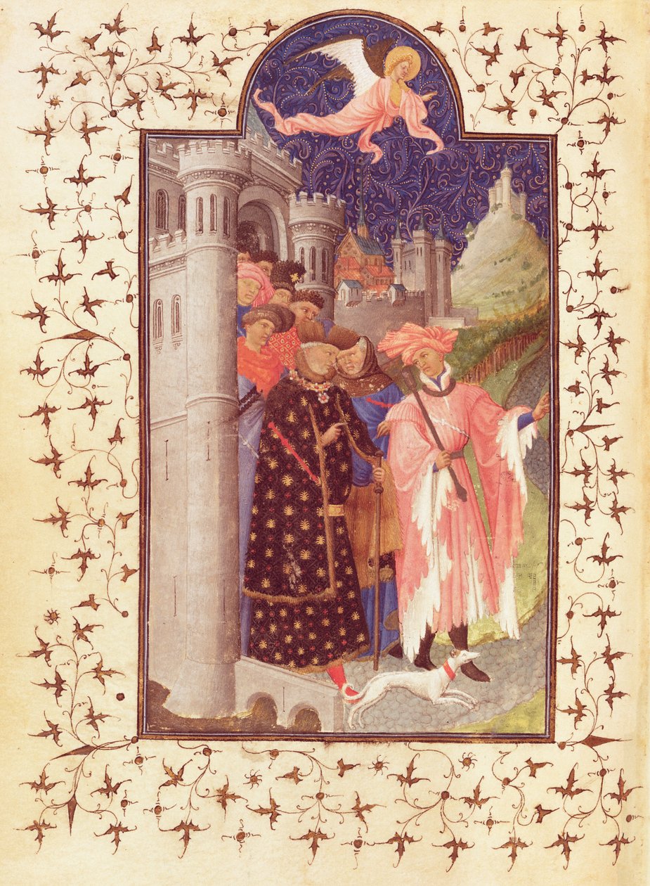 Paní Lat 18014 f.288v Odchod Jeana de France (1340-1416) vévody z Berry, z Les Petites Heures de Duc de Berry, kolem 1412 od Limbourg Brothers