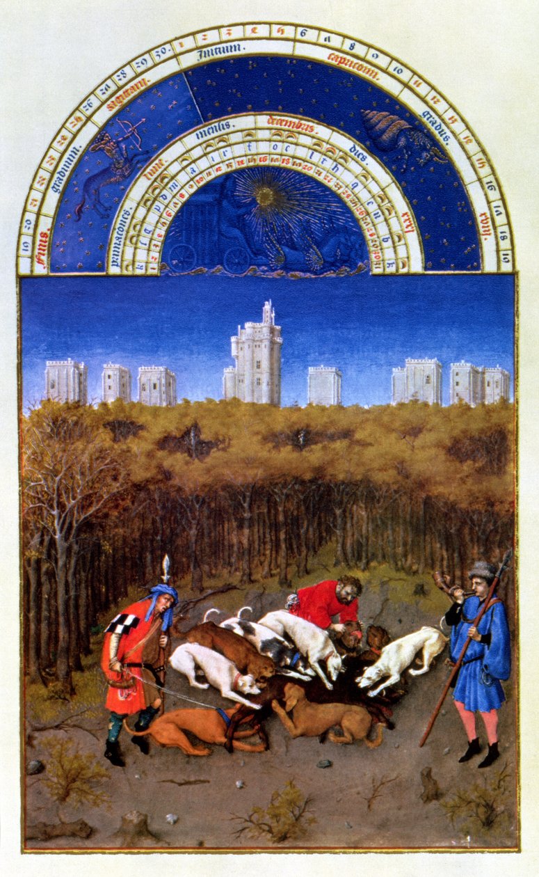 Faksimile prosince: lov divočáků, zkopírovaný z „Tres Riches Heures du Duc de Berry“ (vellum) (originál viz 8444) od Limbourg Brothers (after)