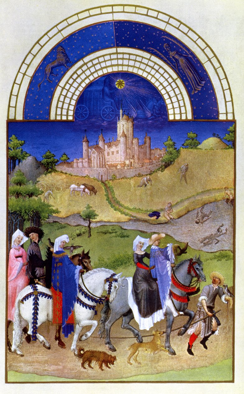 Faksimile ze srpna: Hawking, z knihy "Tres Riches Heures du Duc de Berry" (originál viz 8440) od Limbourg Brothers