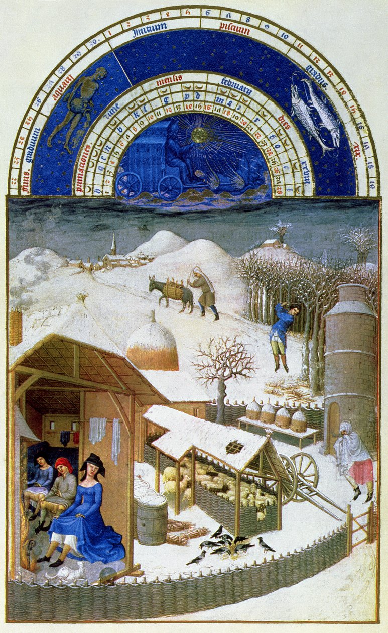 Faksimile února: scéna na farmě s rolníky, zkopírovaná z „Tres Riches Heures du Duc de Berry“ (originál viz 8434) od Limbourg Brothers