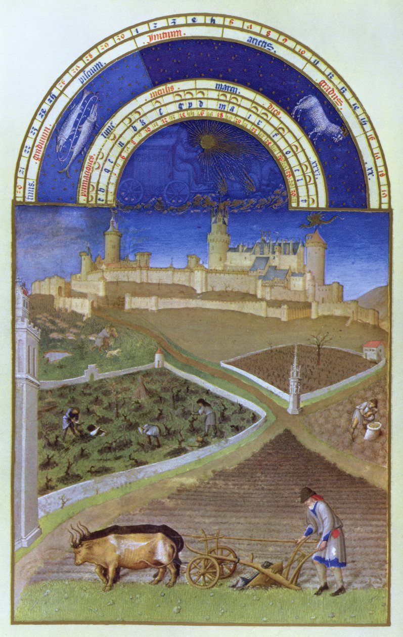 Faksimile března: Rolníci při práci na feudálním panství, z „Tres Riches Heures du Duc de Berry“ (originál viz 8435) od Limbourg Brothers