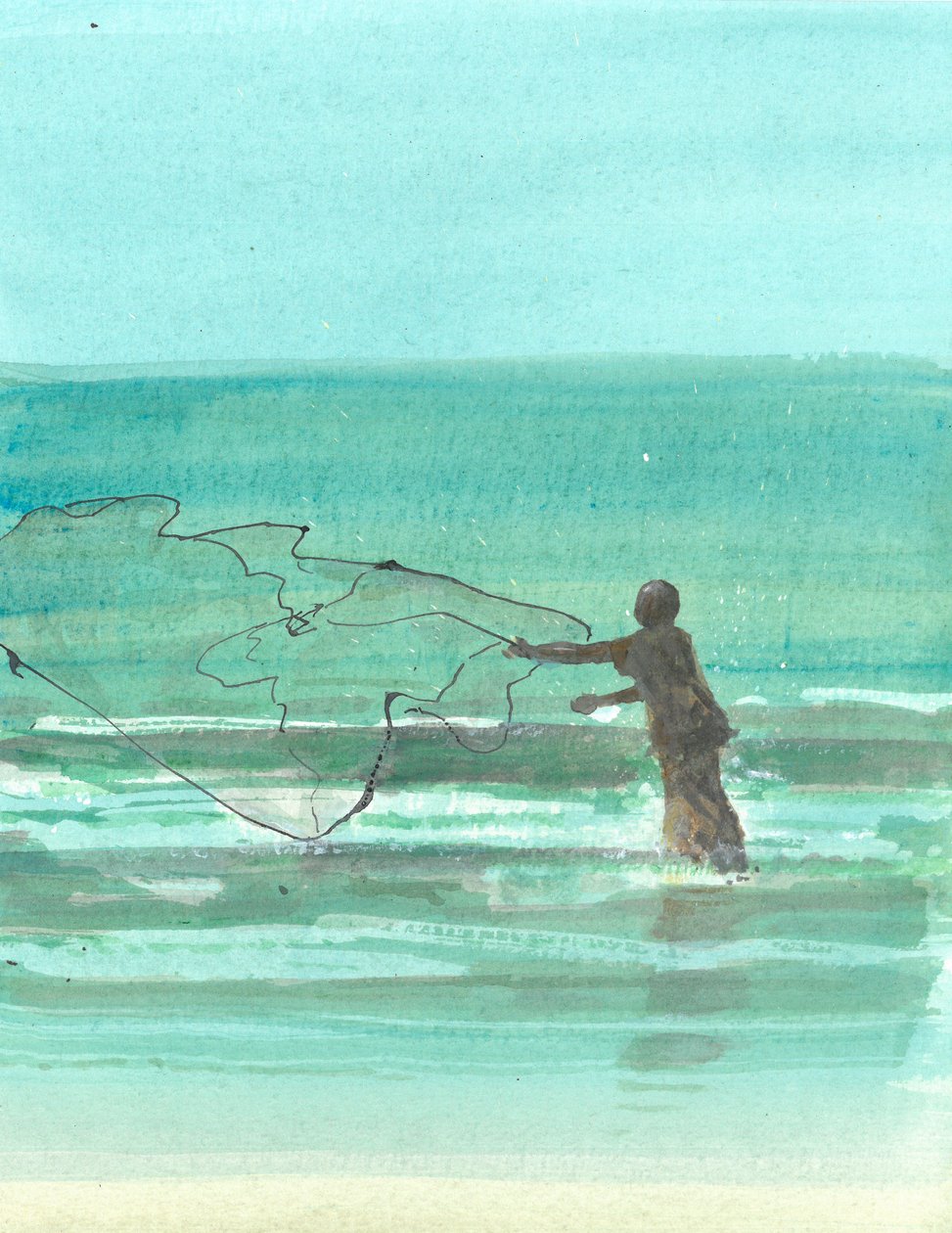 Lone Fisherman 1, 2015 (pero a inkoust s wc na papíře) od Lincoln Seligman
