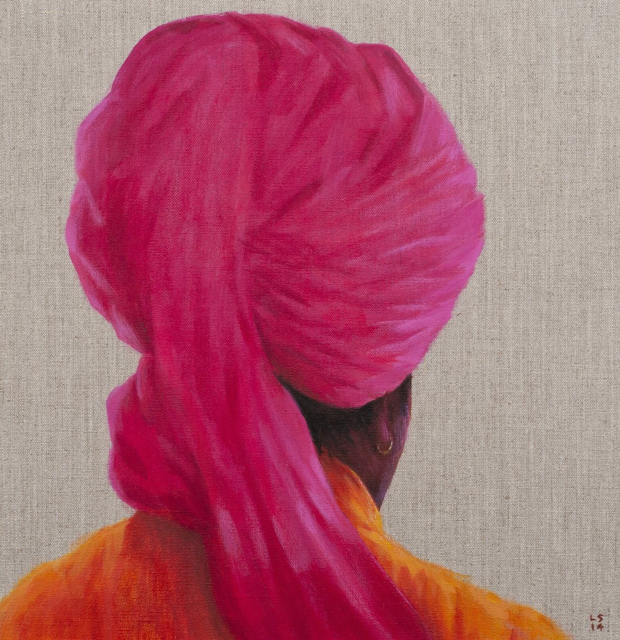 Růžový turban, oranžová bunda, 2014 od Lincoln Seligman