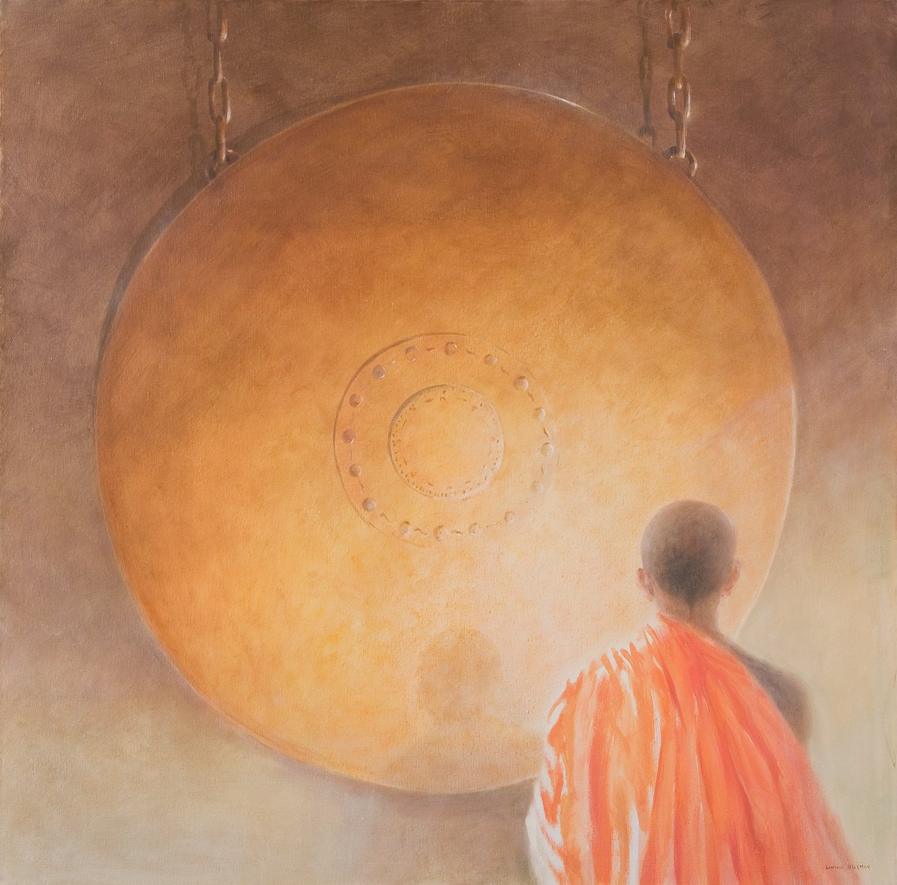 Mladý buddhistický mnich a Gong, Bhútán, 2010 (akryl na plátně) od Lincoln Seligman