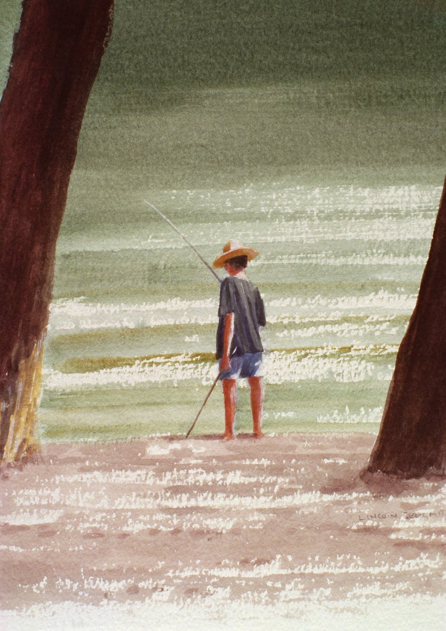Henry Fishing, 1990 (akryl na papíře) od Lincoln Seligman