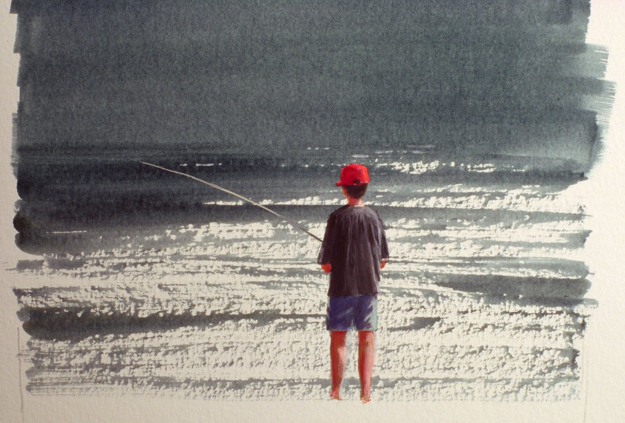 Henry Fishing, Alpy, 1990 (akryl na papíře) od Lincoln Seligman