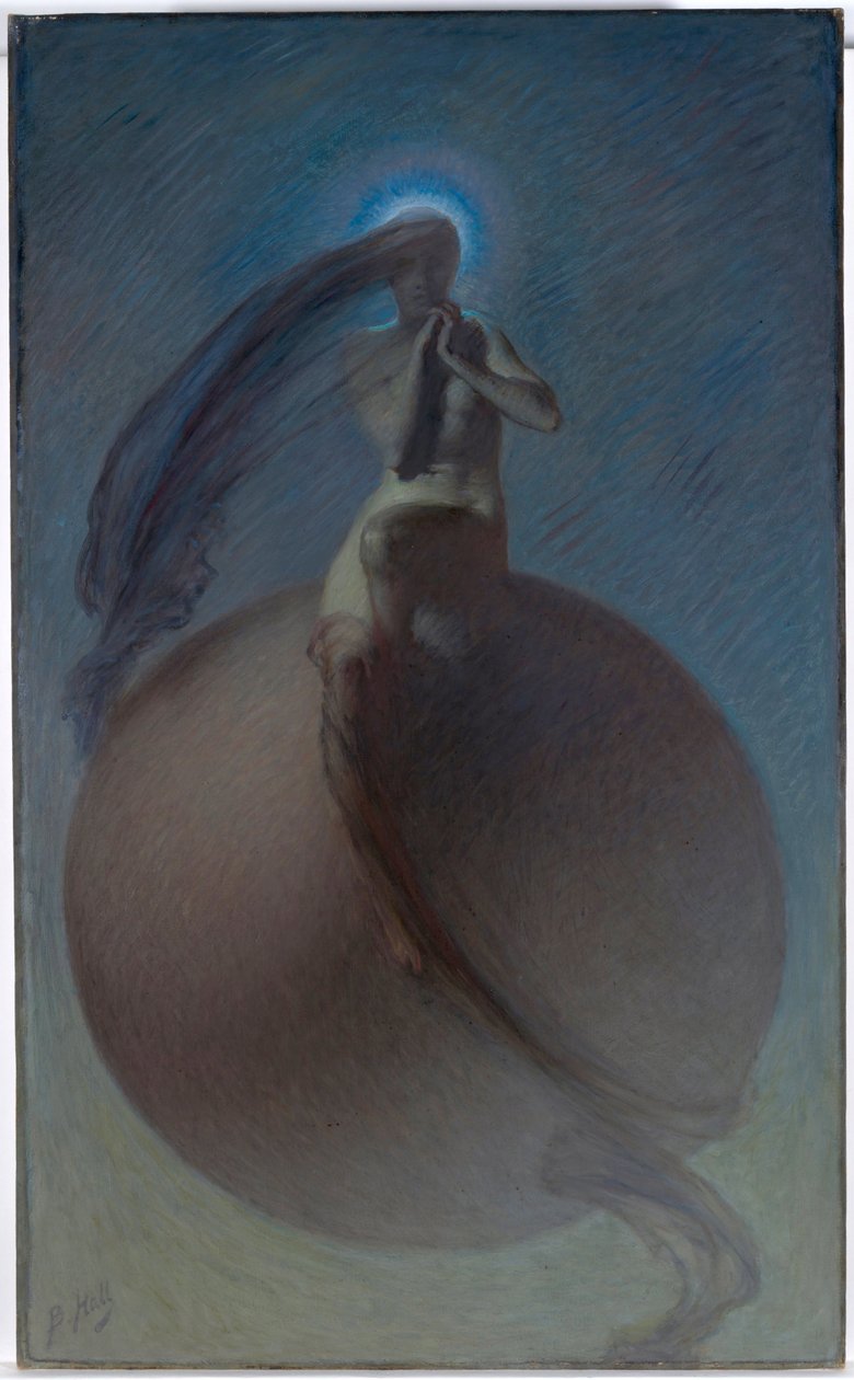 ""La quete"" (The Quest) Snové zobrazení, ženská silueta umístěná na zeměkouli - Obraz Lindsay Bernard Hall (1859-1935) kolem roku 1905 - Olej na plátně Rozměr 154x94,5 cm Národní galerie Austrálie, Canberra od Lindsay Bernard Hall