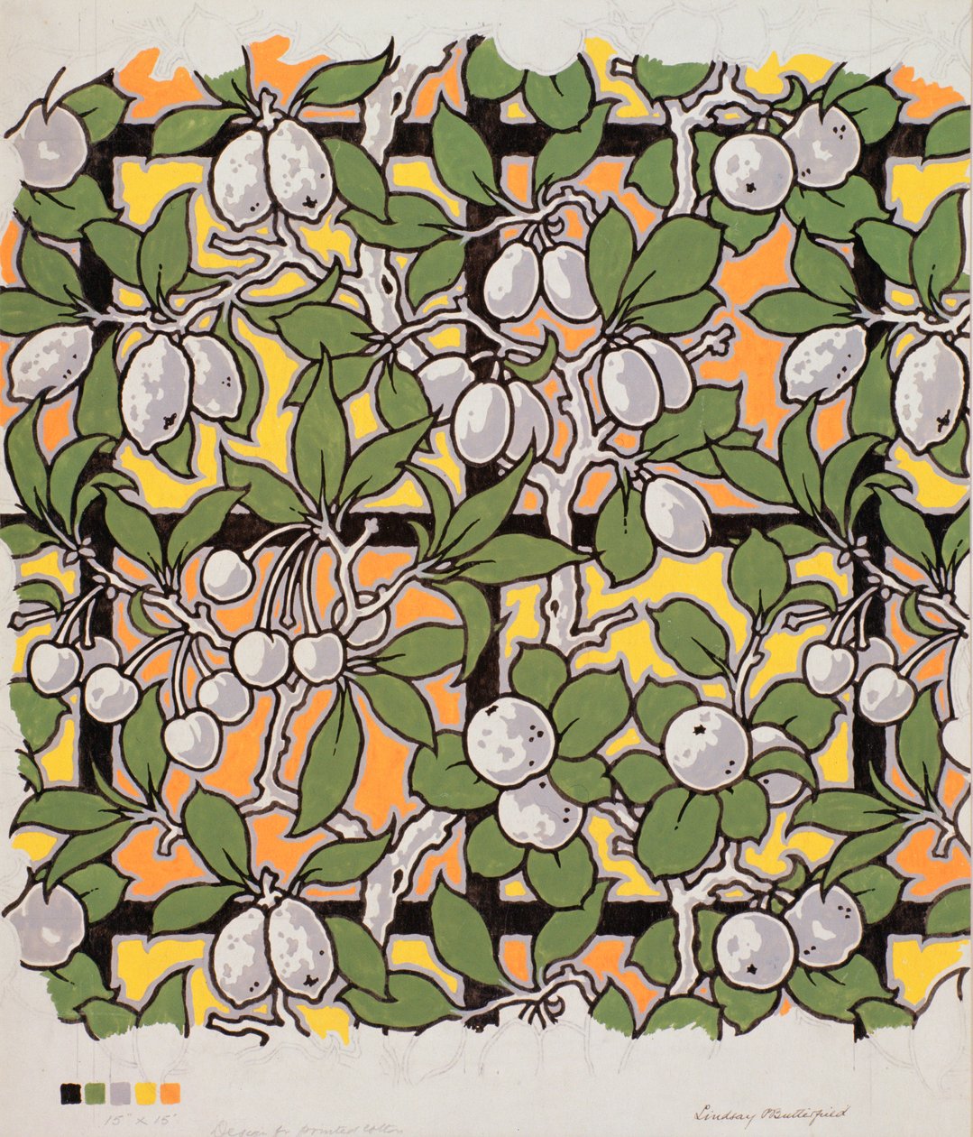 Mixed Fruit on Trellis, design pro bavlnu s potiskem, 20. století od Lindsay P. Butterfield
