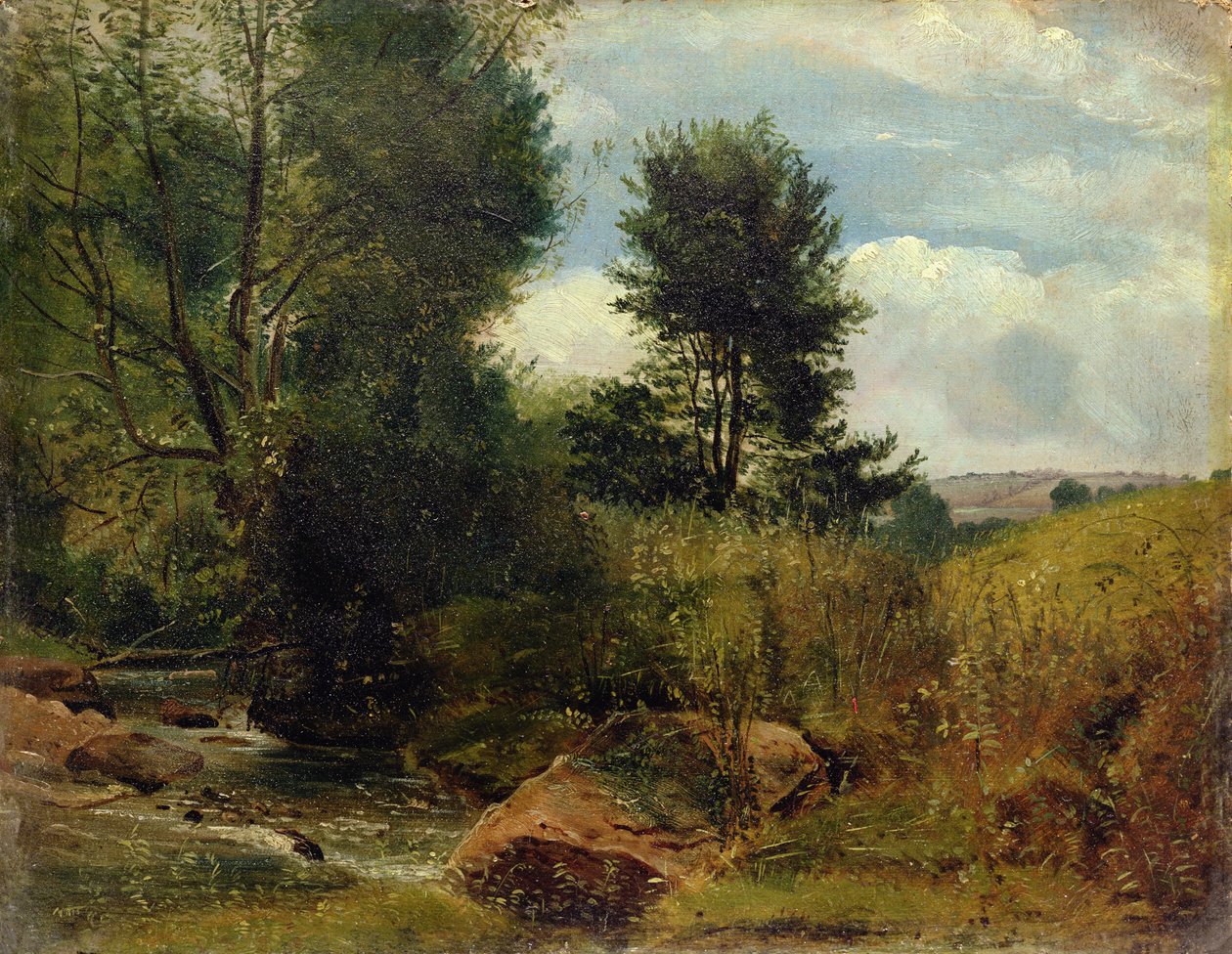 Pohled na řeku Sid, poblíž Sidmouth, kolem roku 1852 (olej na papíře na palubě) od Lionel Constable