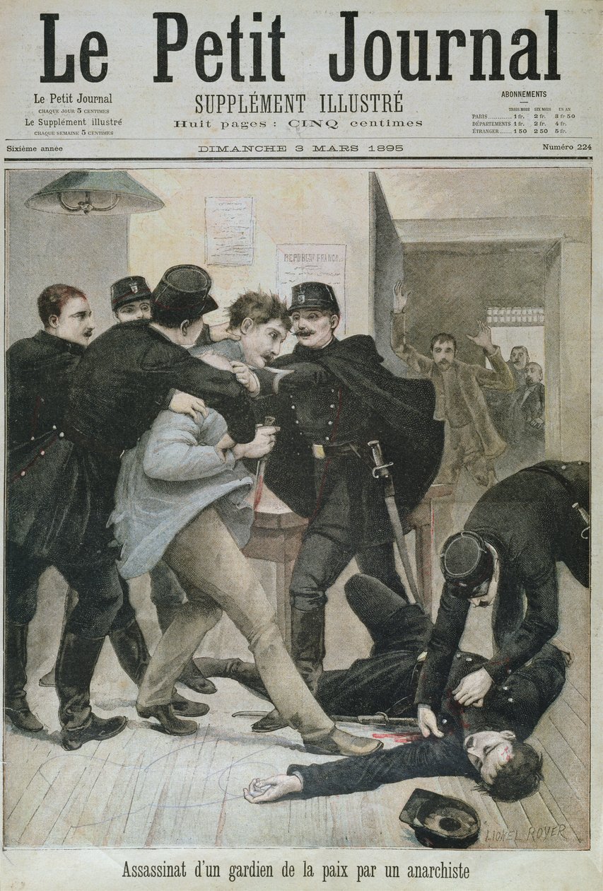 Vražda policisty anarchistou, ilustrace na obálce "Le Petit Journal", 3. března 1895 od Lionel Royer