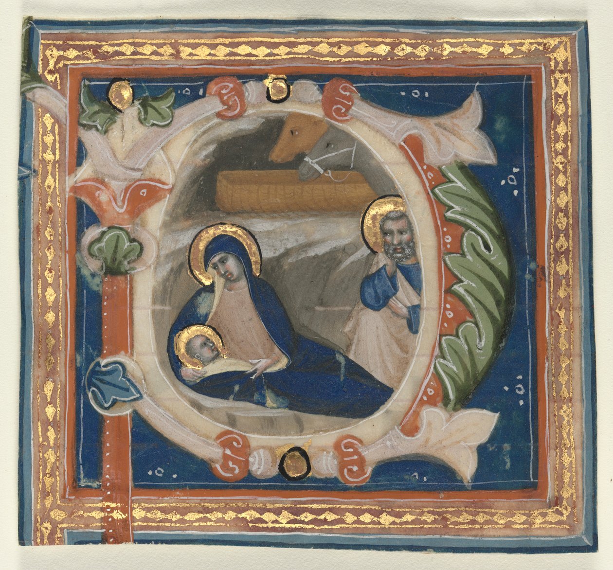 Historická iniciála P vyňatá z graduálu: Narození Páně, c. 1350-1375. od Lippo Vanni