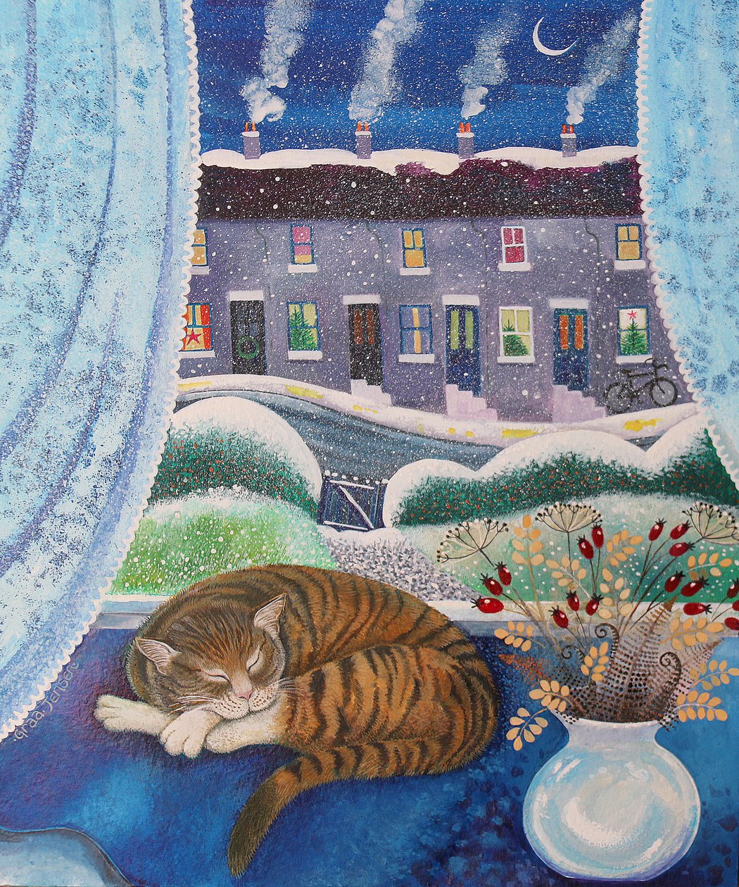 Útulná kočka, 2016, (akrylové barvy na papíře) od Lisa Graa Jensen