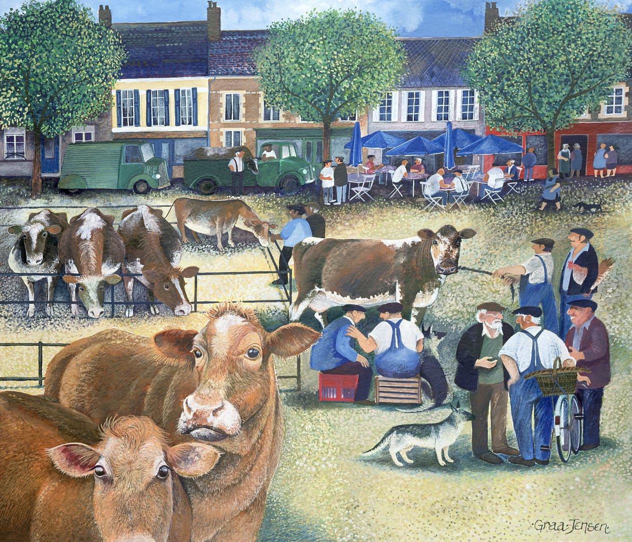 Cow Dealers II (inkoust a kvaš na papíře) od Lisa Graa Jensen