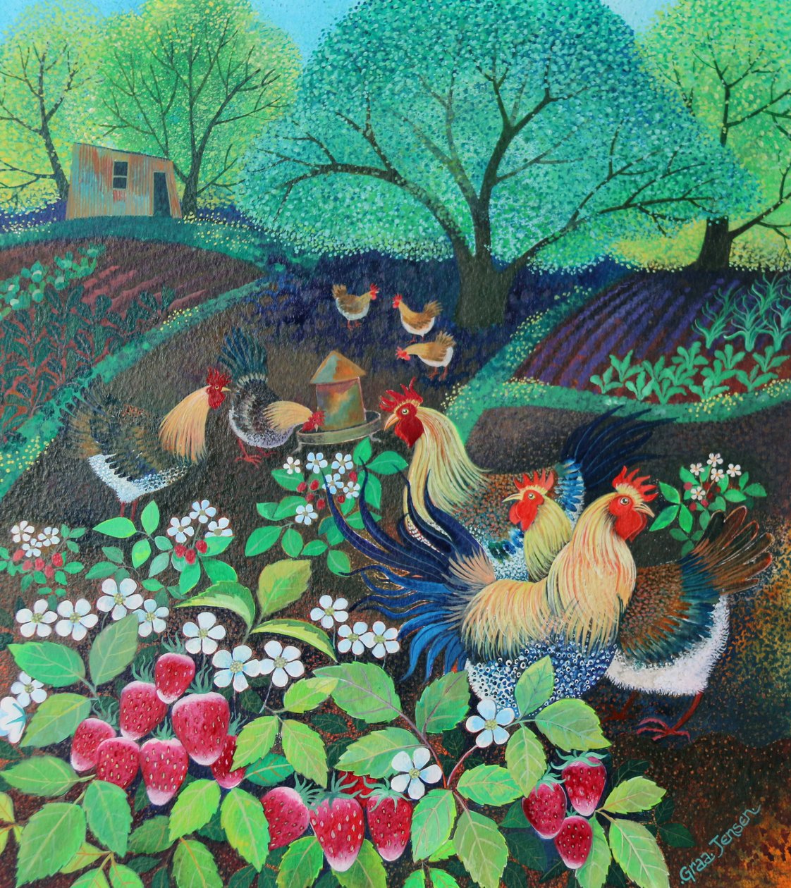 Slepičí večírek, 2016, (akrylové barvy na papíře) od Lisa Graa Jensen