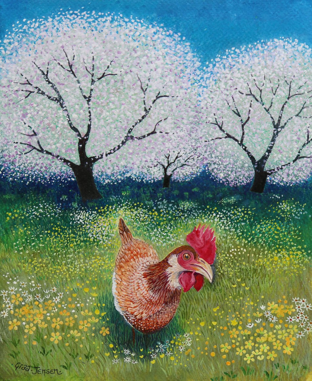Orchard Hen, 2021, (akryl na papíře) od Lisa Graa Jensen