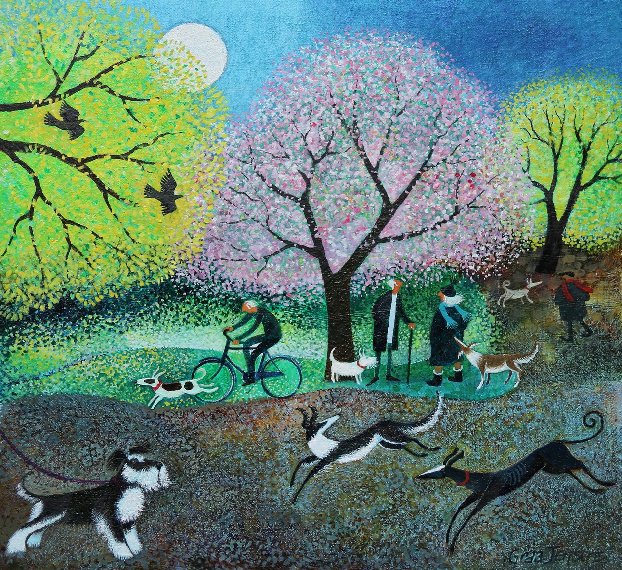 Wellie Road Dog Walkers, 2021 (akryl na plátně) od Lisa Graa Jensen