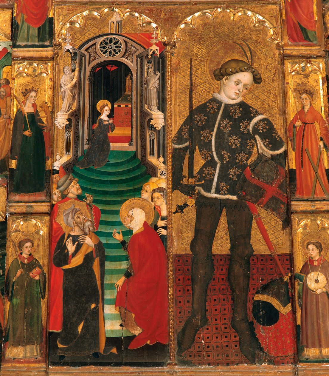 Gotické období. Oltářní obraz Panny Marie a svatého Jiří (Sant Jordi), autor Lluis Borrassa (1360-1426). Malba na dřevě. Dílo vytvořené v Barceloně v letech 1390-1400. Detail, Představení Marie v chrámu a svatý Jiří (Sant Jordi / San Jorge) jako rytíř. Con od Lluís Borrassà
