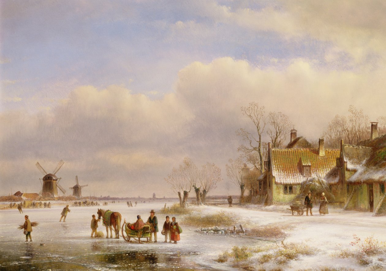 Sněhová scéna s větrnými mlýny v dálce, 19. století od Lodewijk Johannes Kleyn