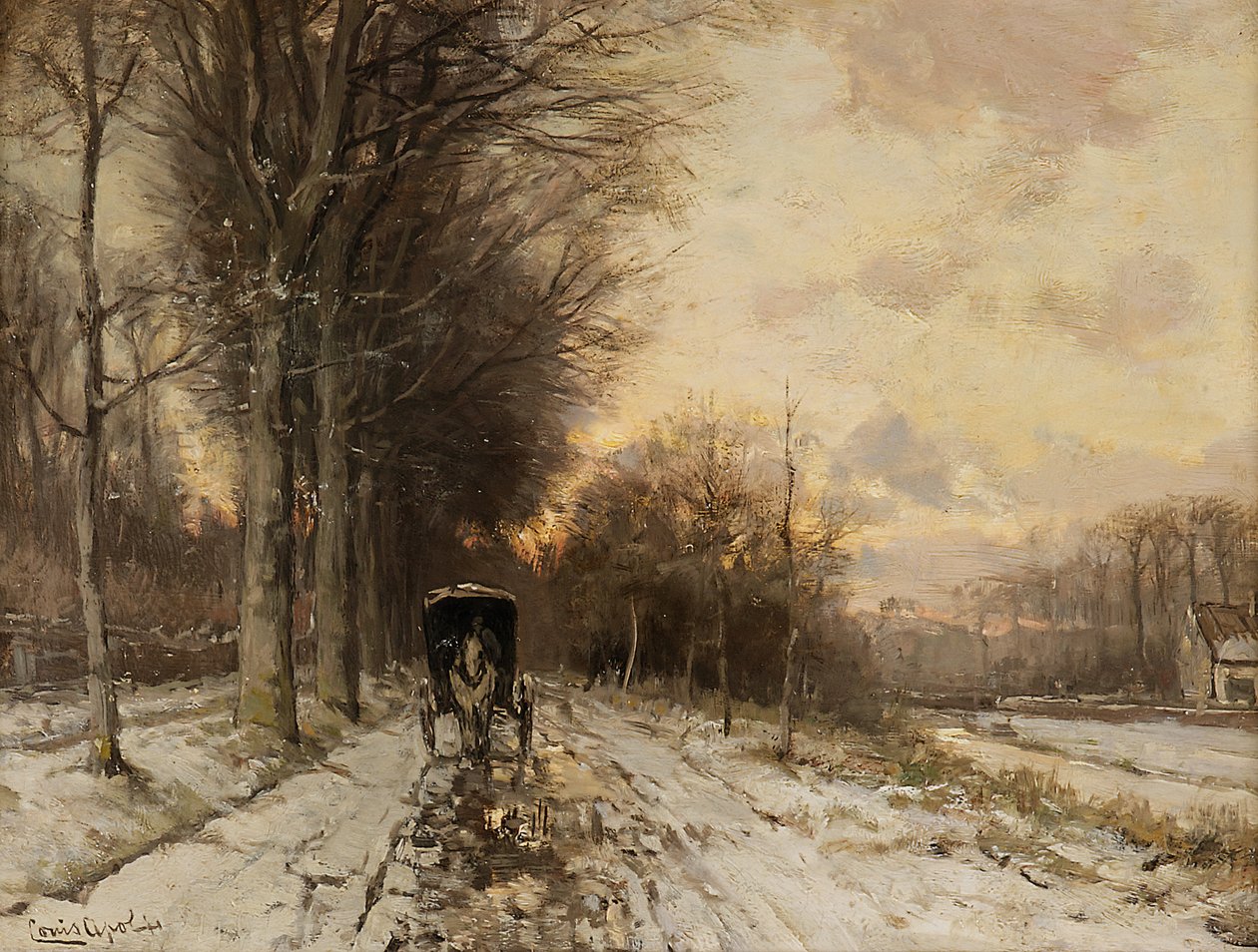 Koňský povoz na zasněžené cestě (olej na desce) od Lodewijk Frederik Hendrik (1850-1936) Apol