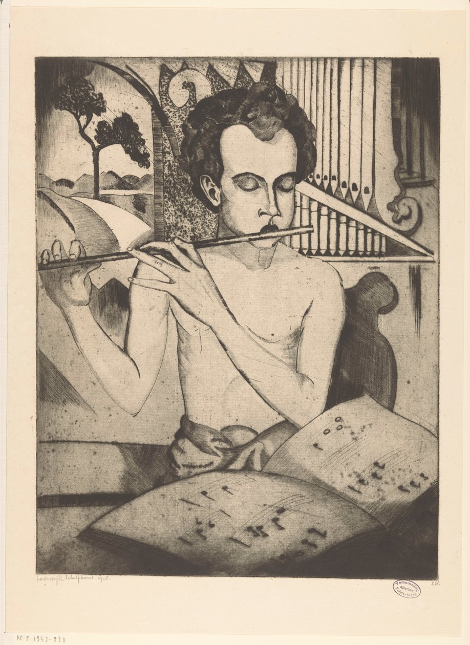 Polonahý chlapec hraje na flétnu Le Flûteur (původní název) od Lodewijk Schelfhout (signed by artist)