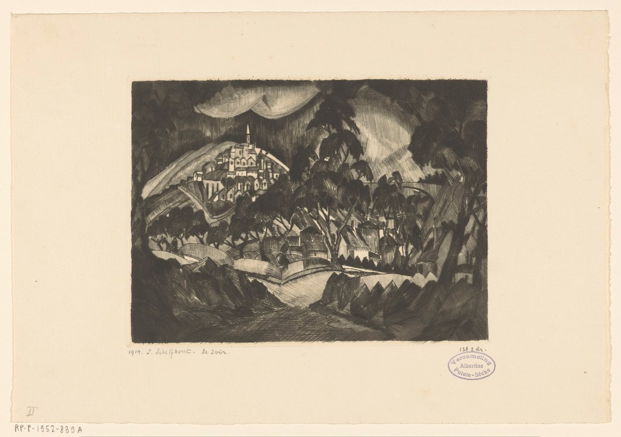 Kopcovitá krajina se stromy a budovami Le Soir (původní název na objektu) od Lodewijk Schelfhout (signed by artist)